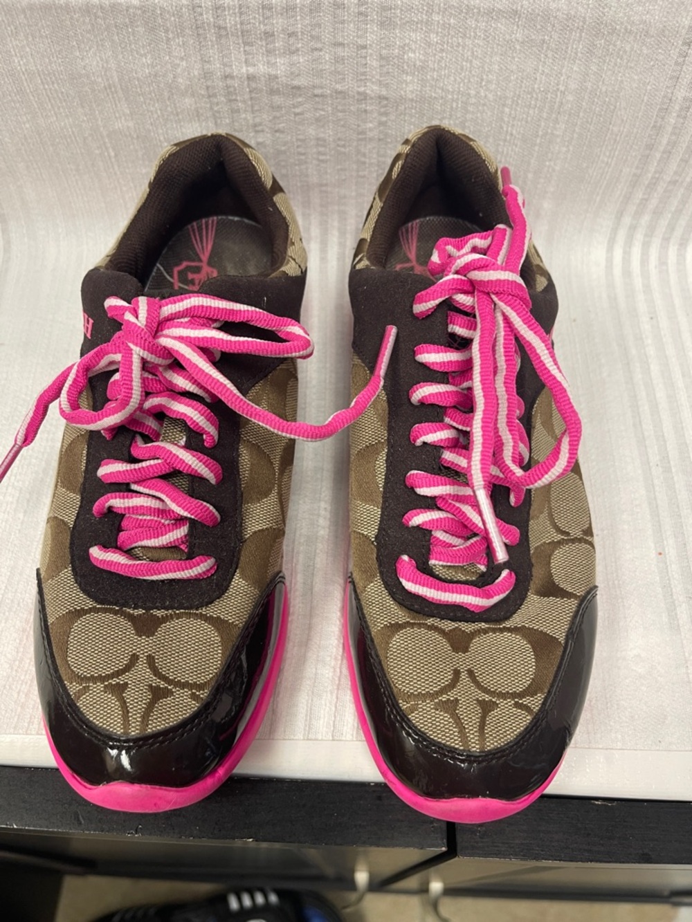 Coach Brown Signature Canvas Sneakers with Pink Accents